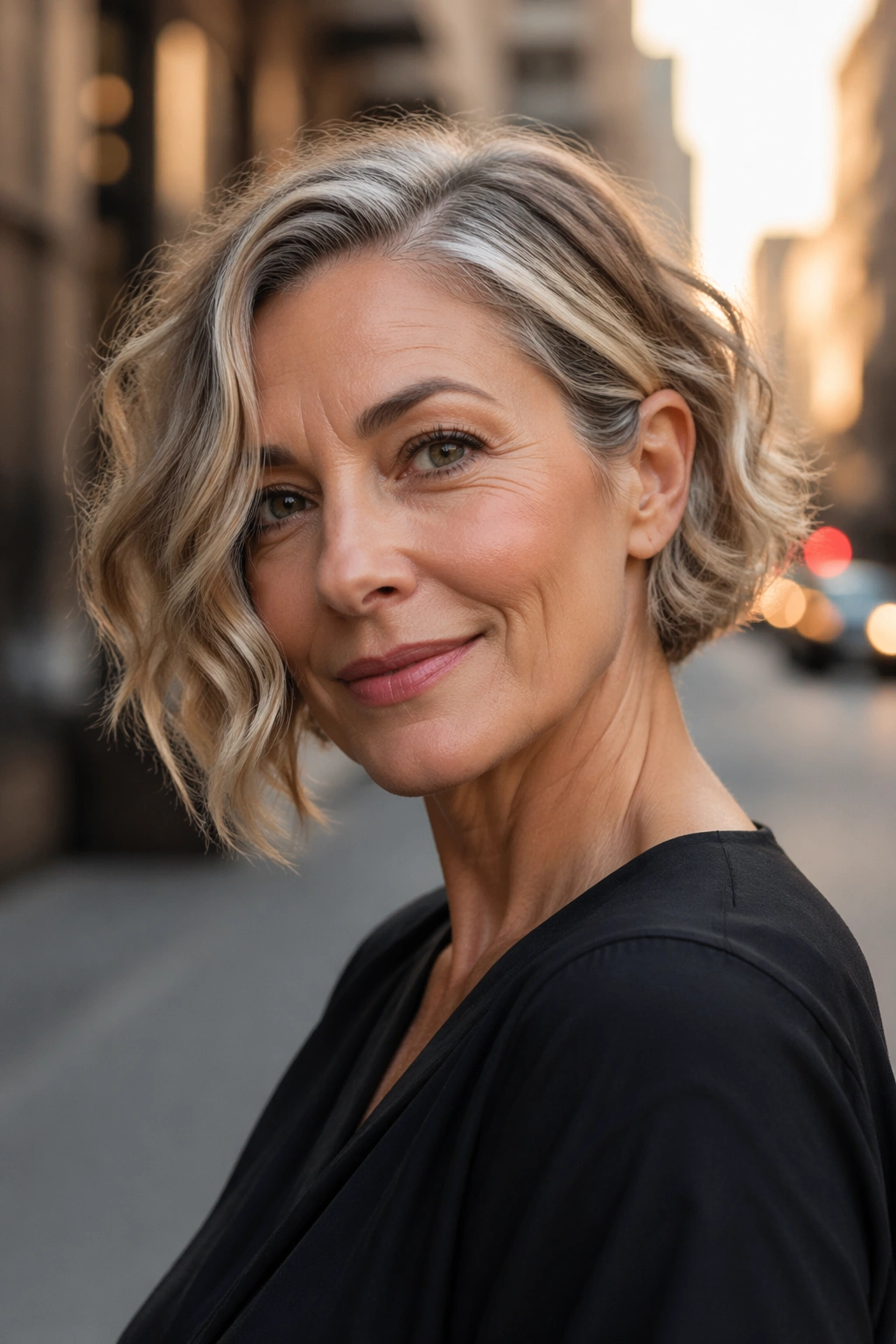 Portrait of a real woman with an asymmetrical bob and wavy movement against a city backdrop.