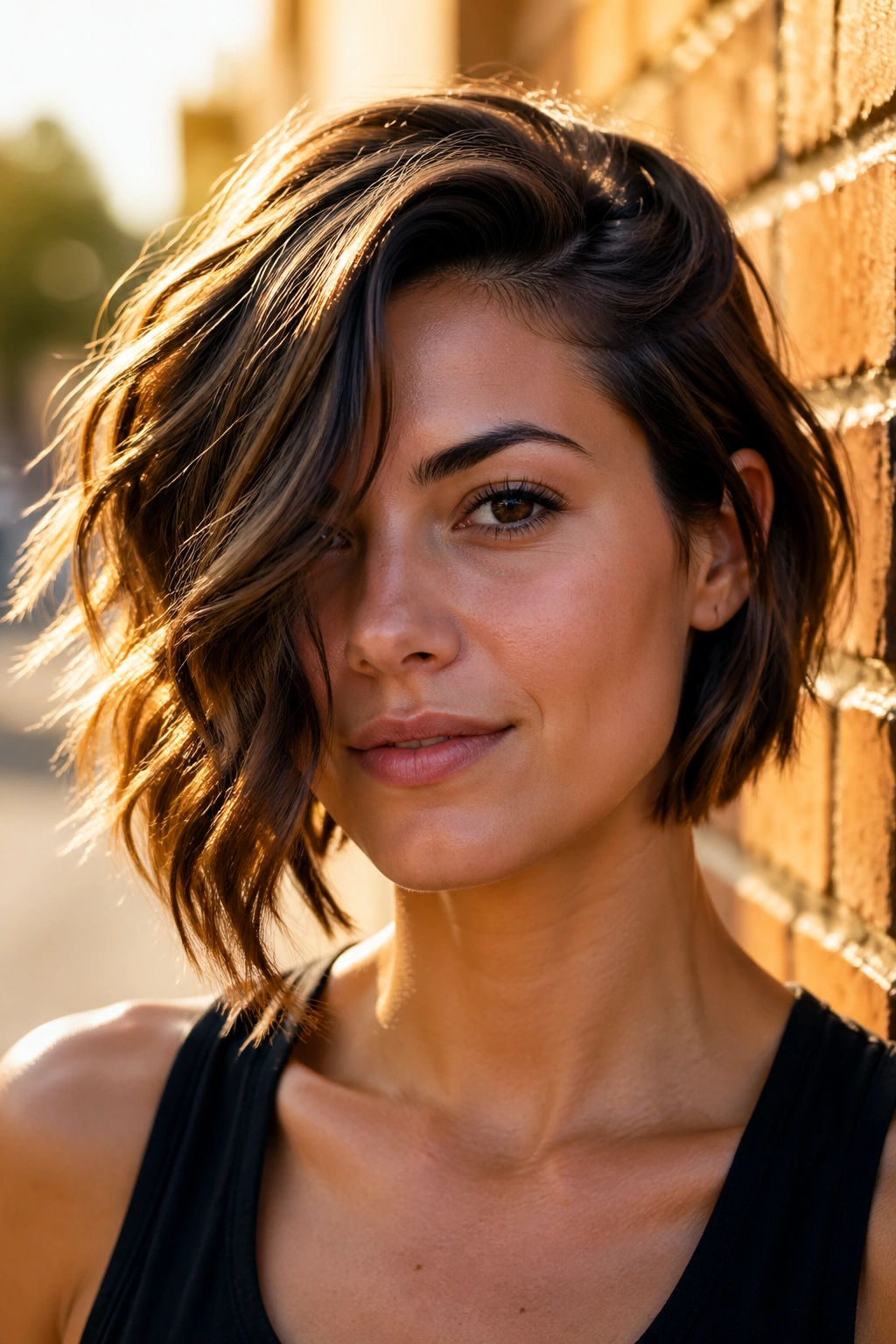 Close-up of a real person with an asymmetrical wavy bob against a sunlit brick wall