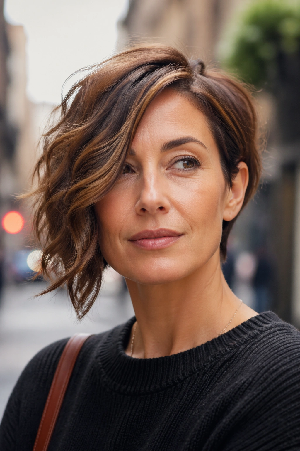 Close-up portrait of a real woman with an asymmetrical bob