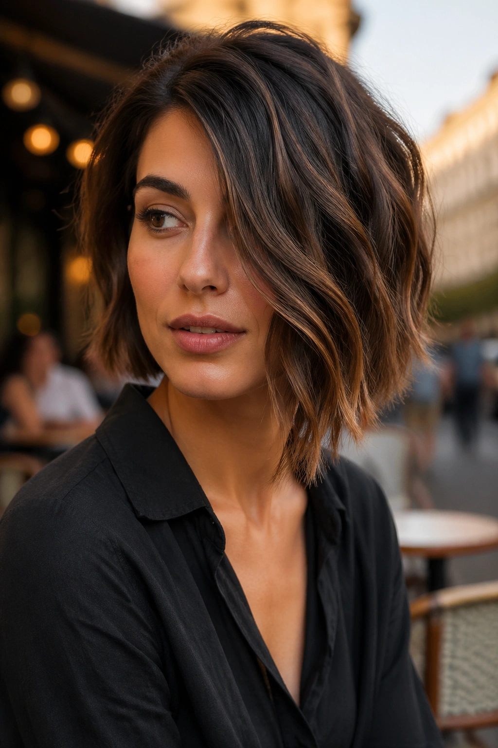 Close-up of a real woman with an asymmetrical bob in warm evening light