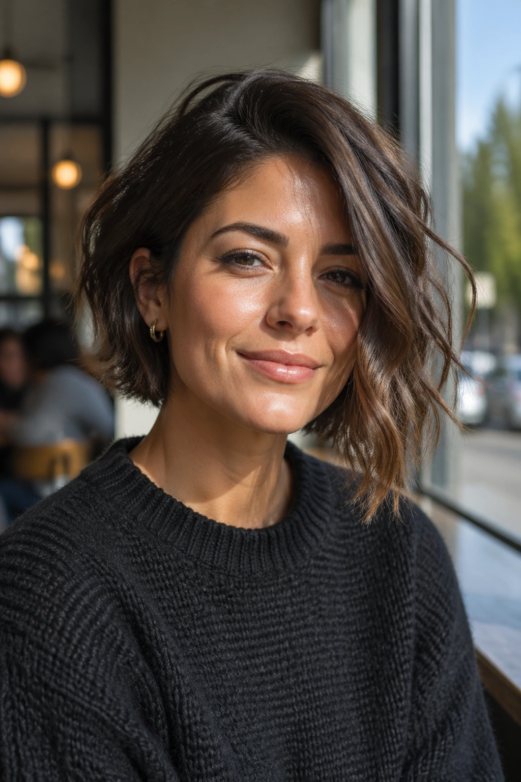 Portrait of a real person with an asymmetrical wavy bob in daylight