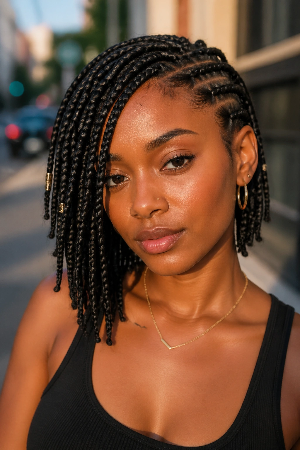 Close-up of a woman with asymmetrical short box braids against an urban daytime background
