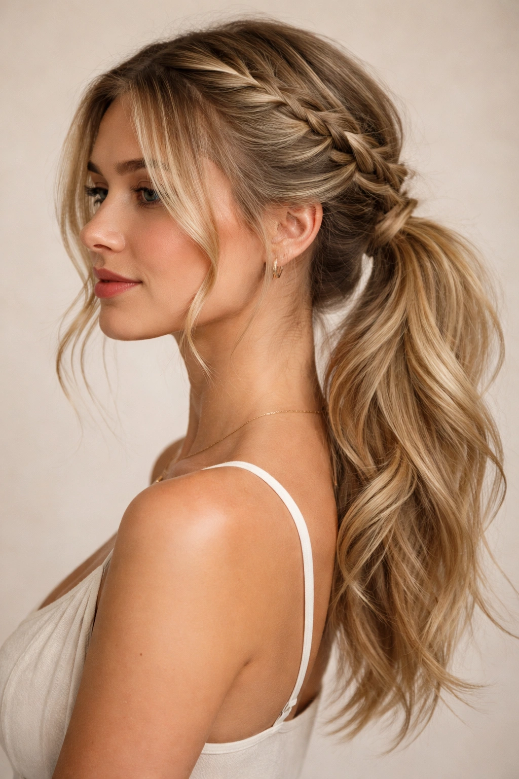 Off-center braid sweeping to one side into a ponytail