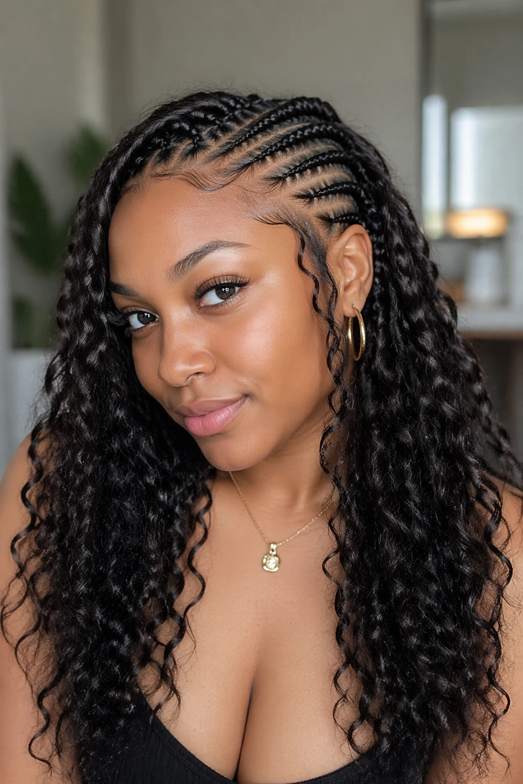 Asymmetrical bohemian cornrows on a real woman's head with uneven side counts.