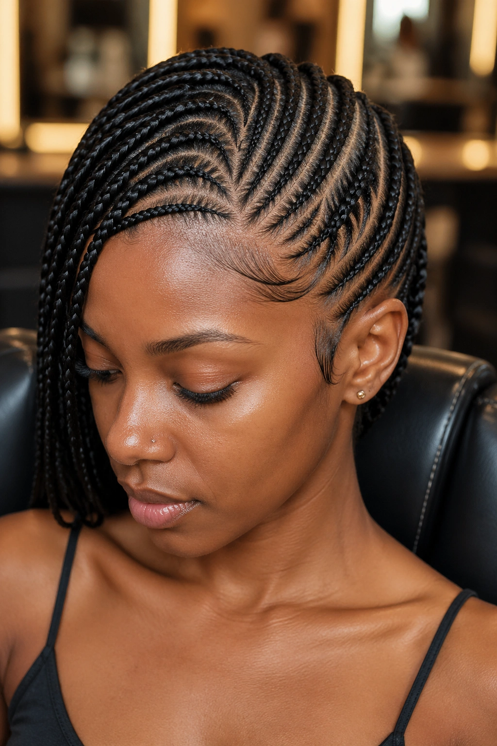 Asymmetrical needle cornrows on a real person with uneven density