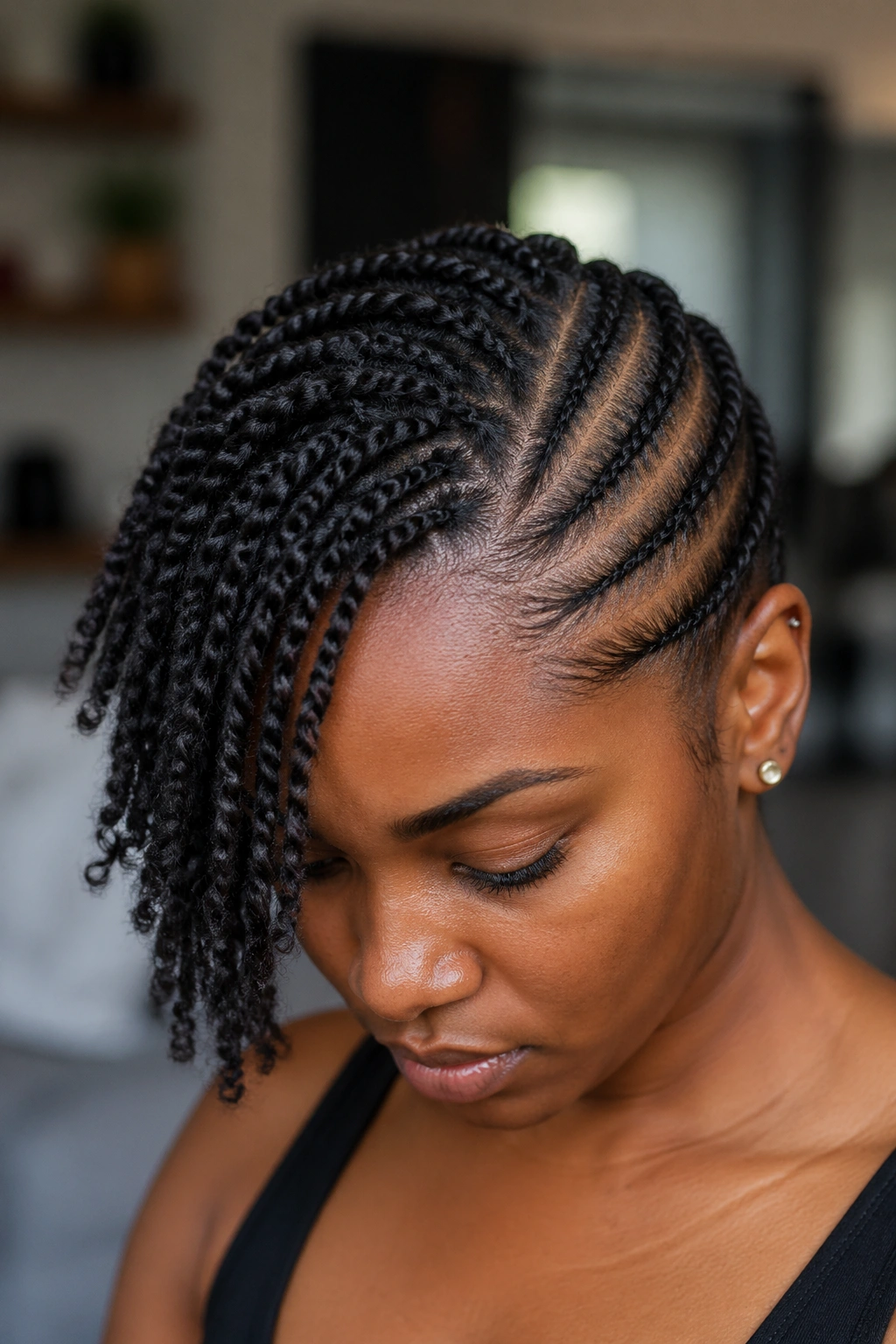Asymmetrical cornrow pattern with twist drape on a real person, heavy side and long twist drape across the head.