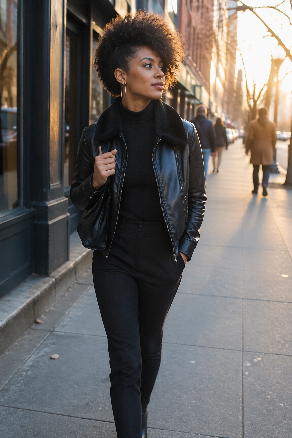 Model with asymmetrical curly Afro walking on sunlit city sidewalk