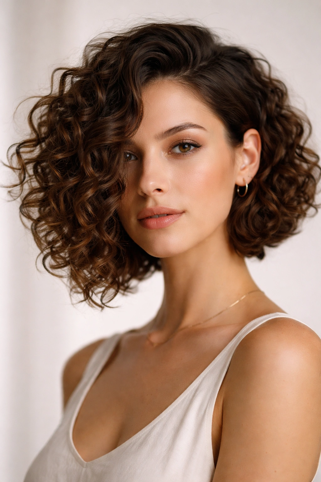 Portrait of asymmetrical curly bob with longer side and tucked ear
