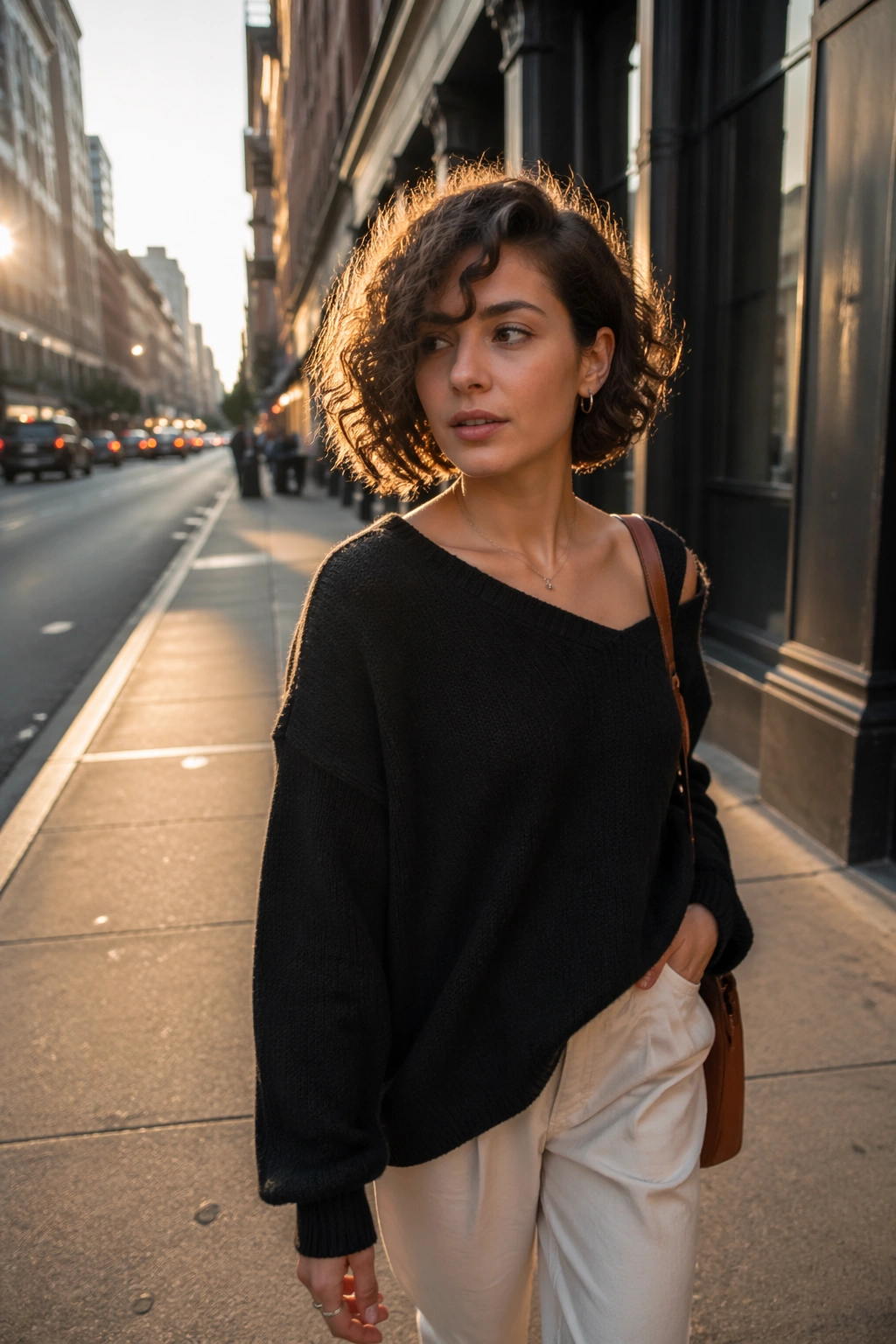 Asymmetrical curly bob photographed on a city street at golden hour.