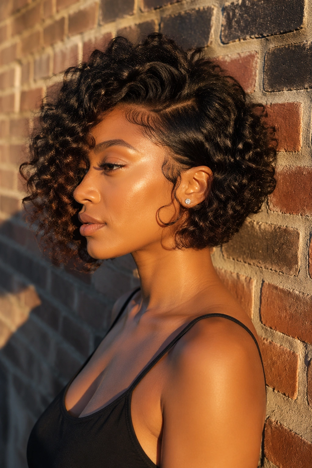 Side profile of an asymmetrical curly bob against a brick wall.
