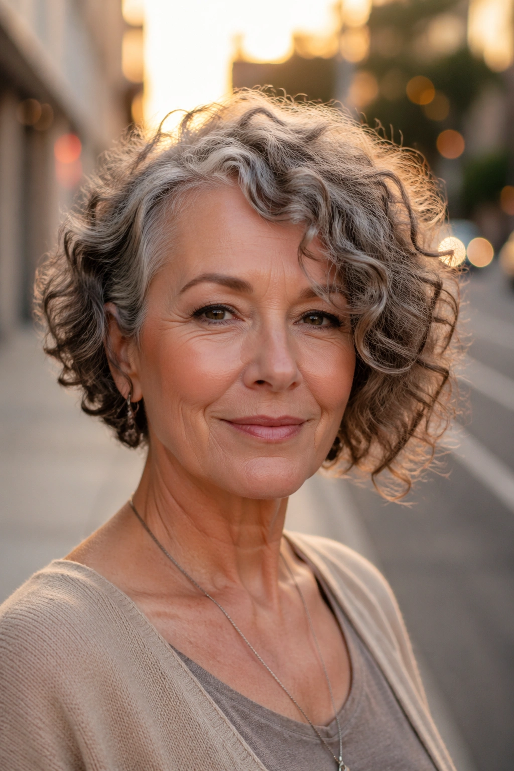 Close-up of a woman with an asymmetrical curly bob in golden hour light.