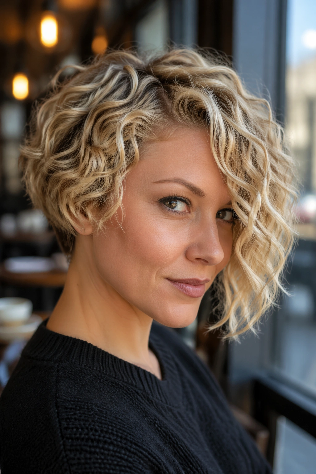 Close-up of a real woman with asymmetrical blonde curly bob in natural daylight.