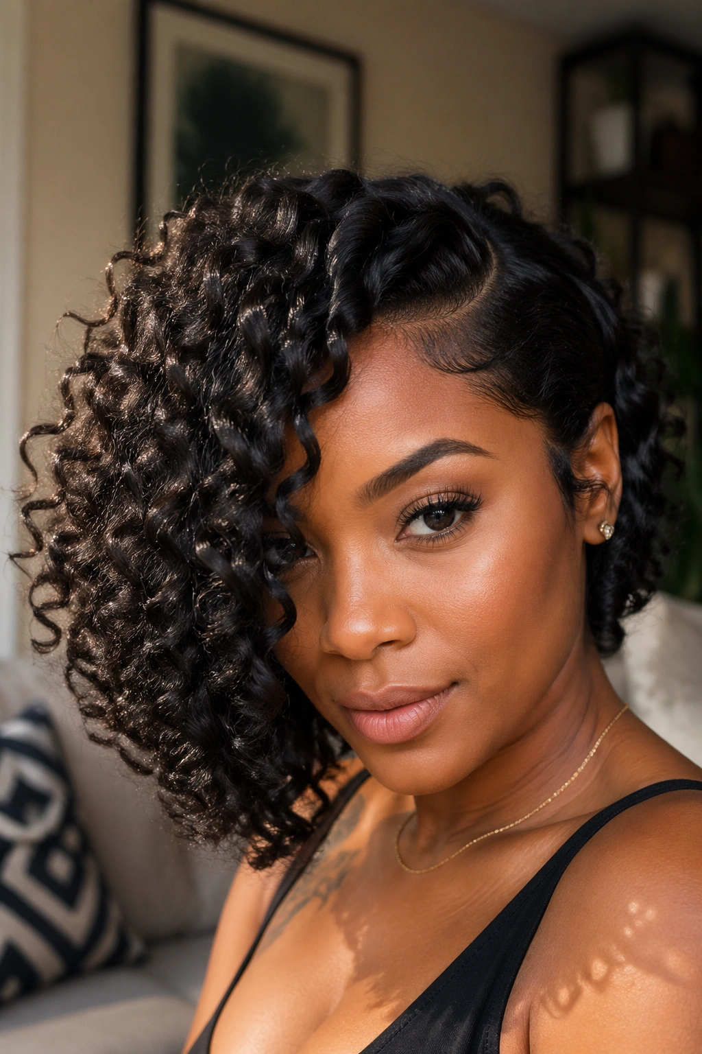 Close-up of a real woman with an asymmetrical curly bob in natural light