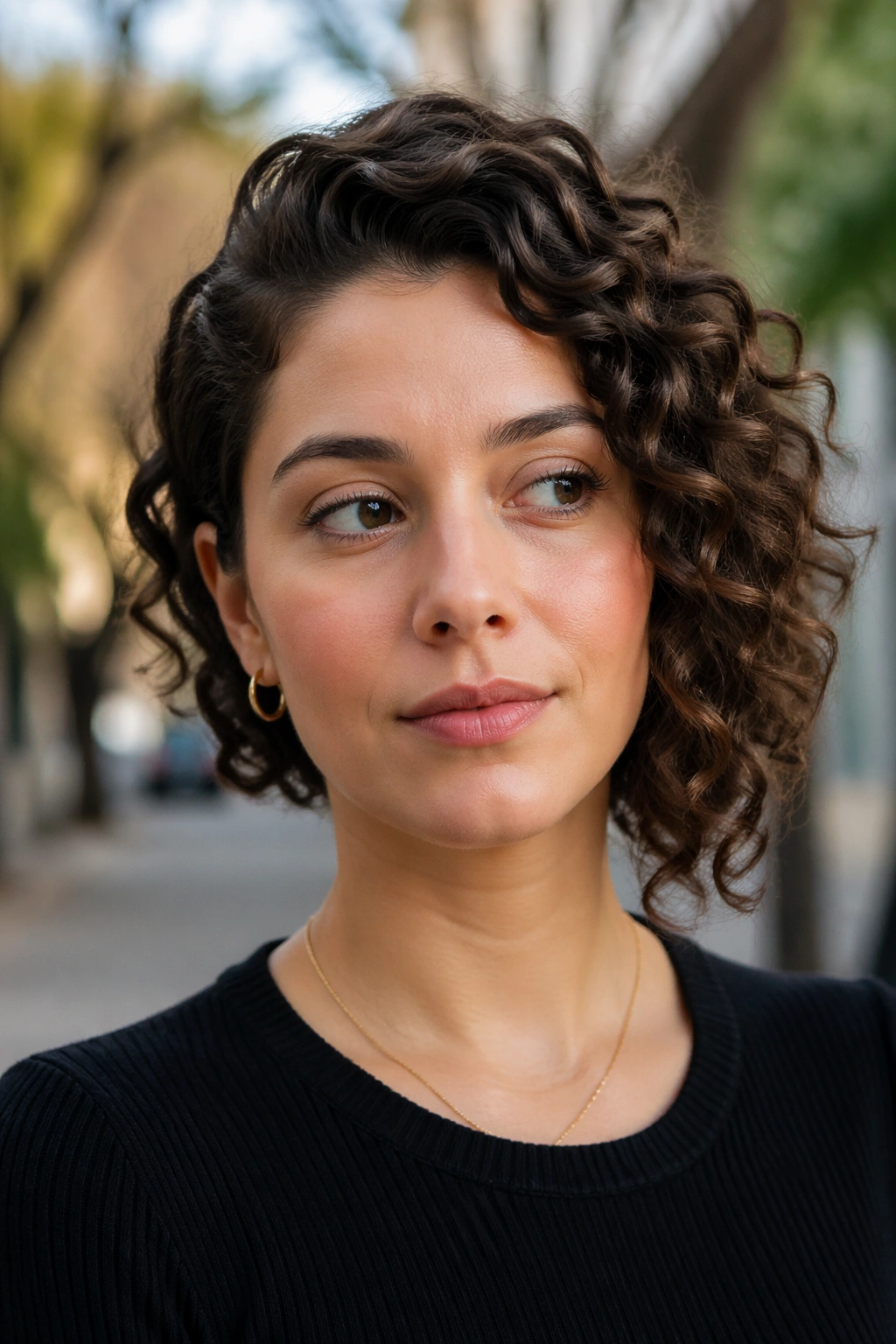 Portrait of a woman with an asymmetrical curly bob featuring a subtle length difference.