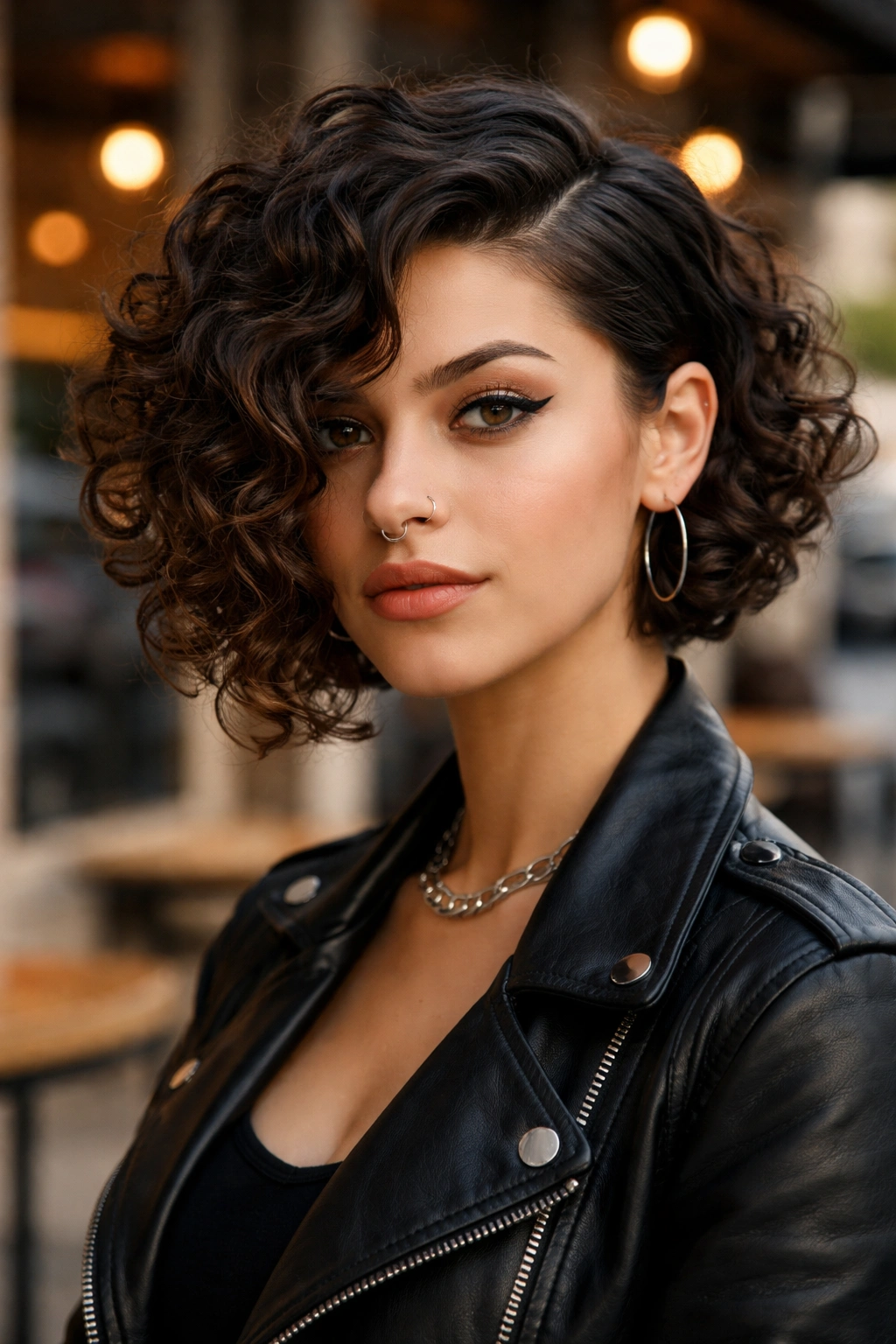 Close-up of a real person with asymmetrical curly bob and one-side tuck
