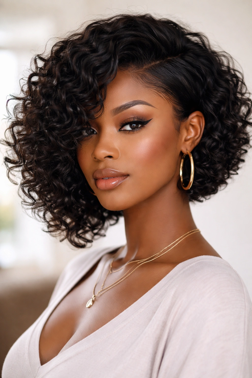Asymmetrical curly bob wig with one side shorter and longer side visible