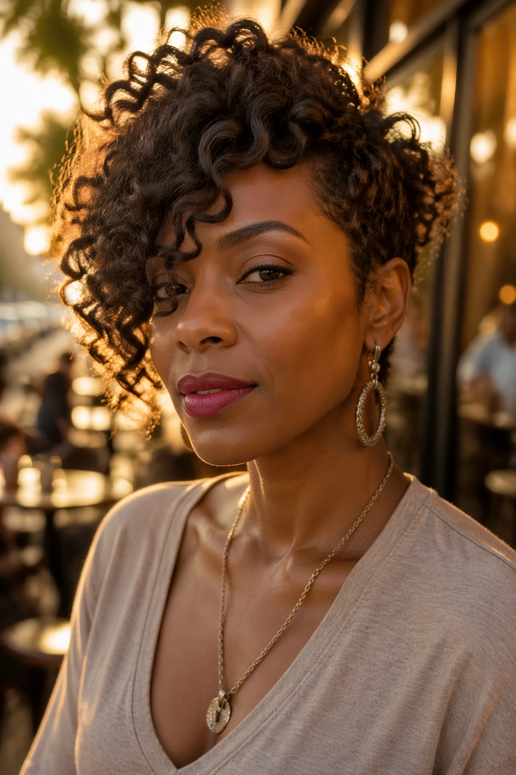 Close-up of real person with asymmetrical curly cut wig