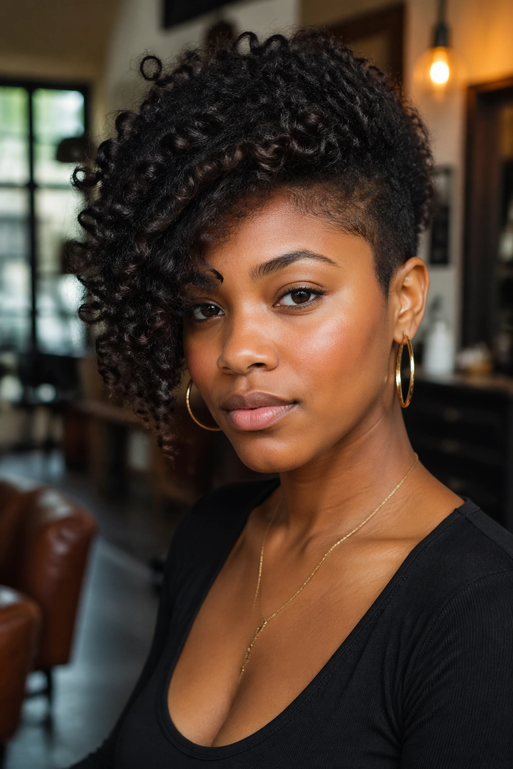 Close-up portrait of a real Black woman with an asymmetrical curly cut featuring a longer side