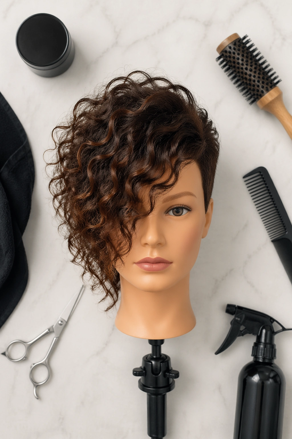 Asymmetrical curly cut overhead flat-lay