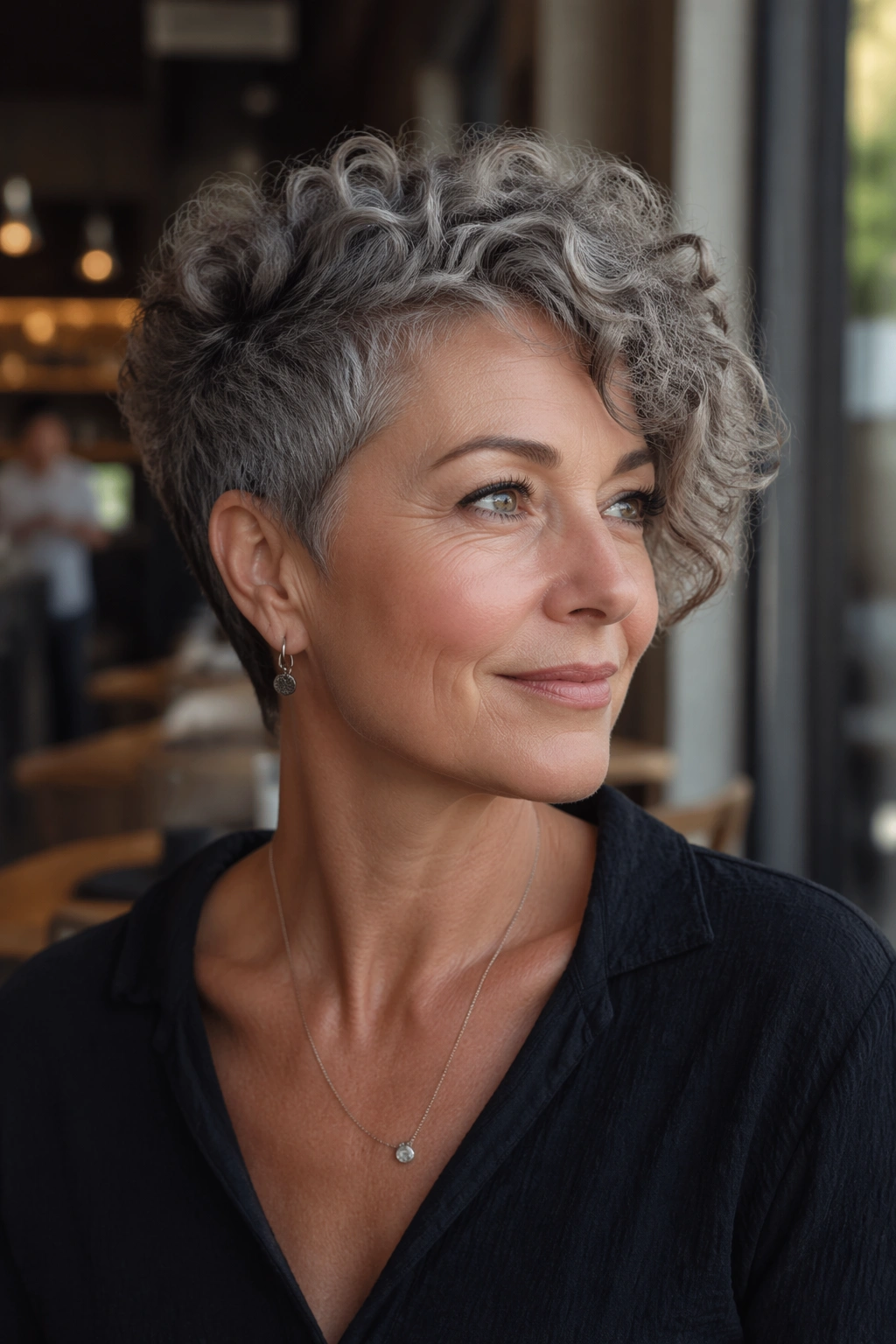 Real woman with asymmetrical curly pixie for a sharper profile