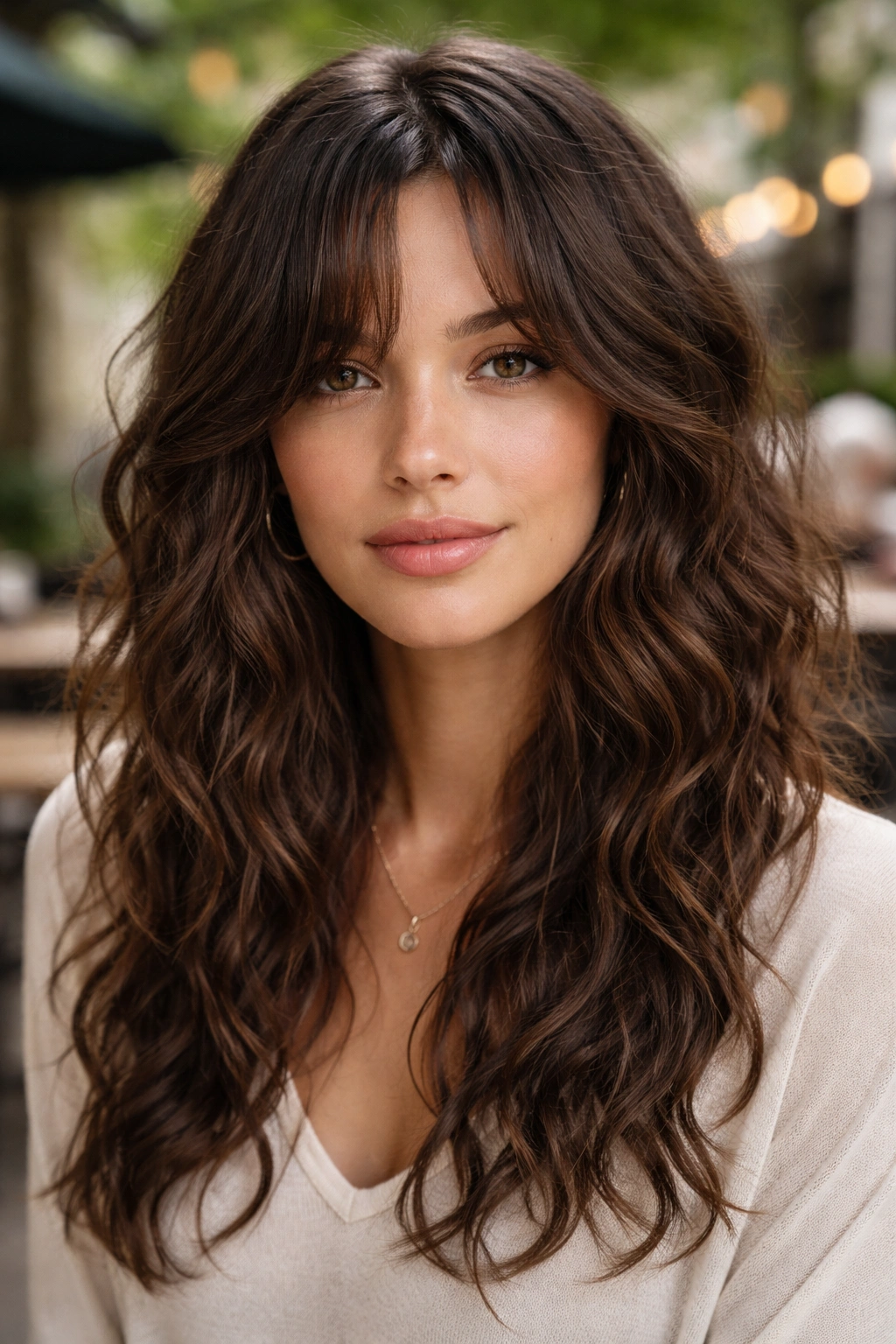 Close-up of a real woman with asymmetrical curtain bangs on wavy hair
