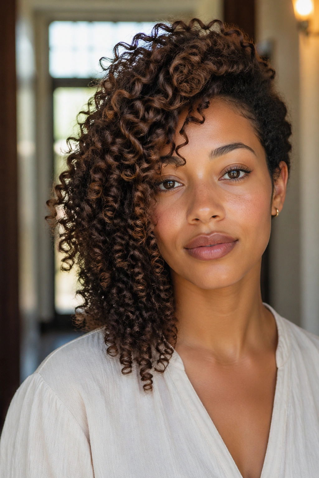Close-up portrait of a real person with an asymmetrical medium curly cut.