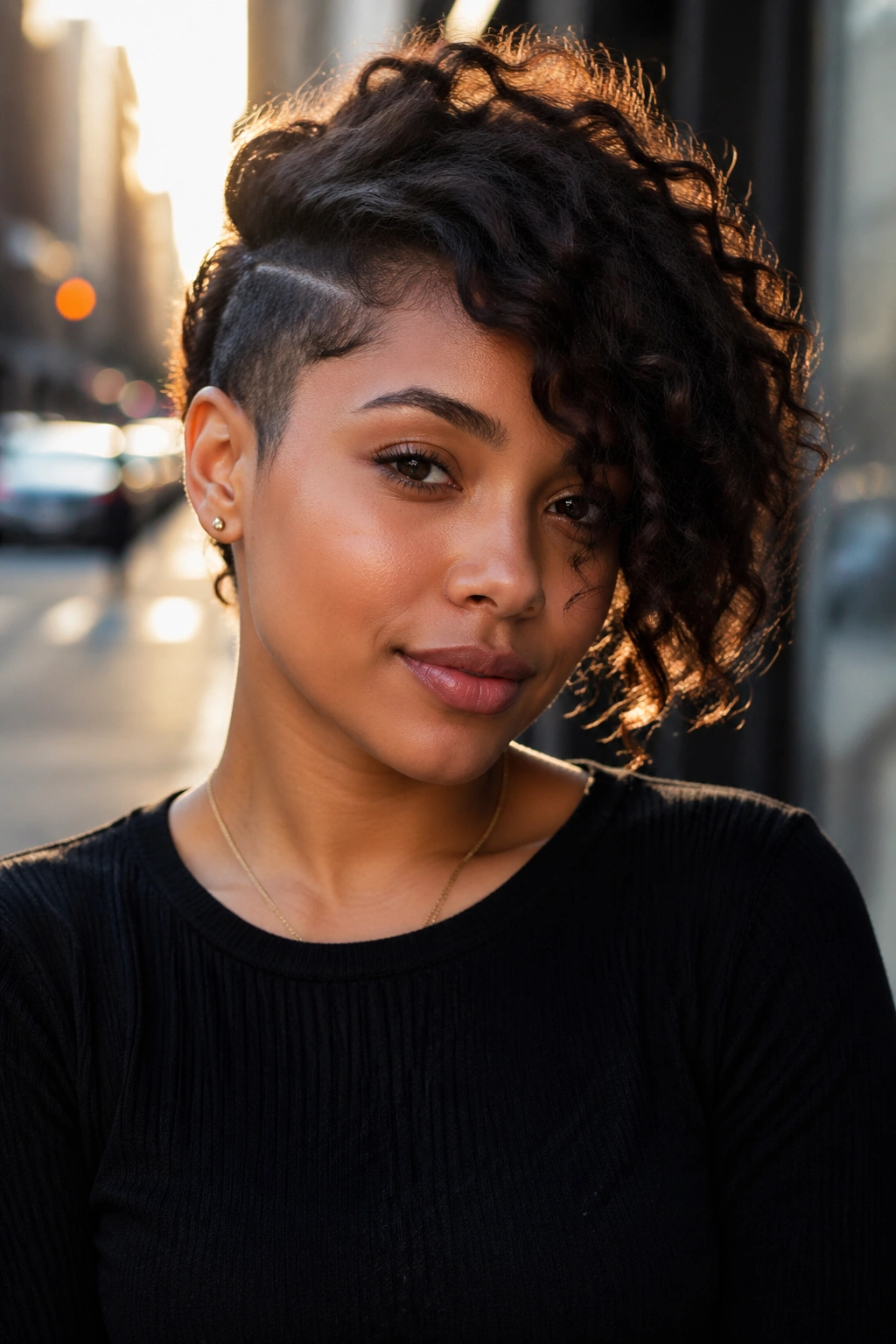 Close-up portrait of a woman with a wavy asymmetrical cut