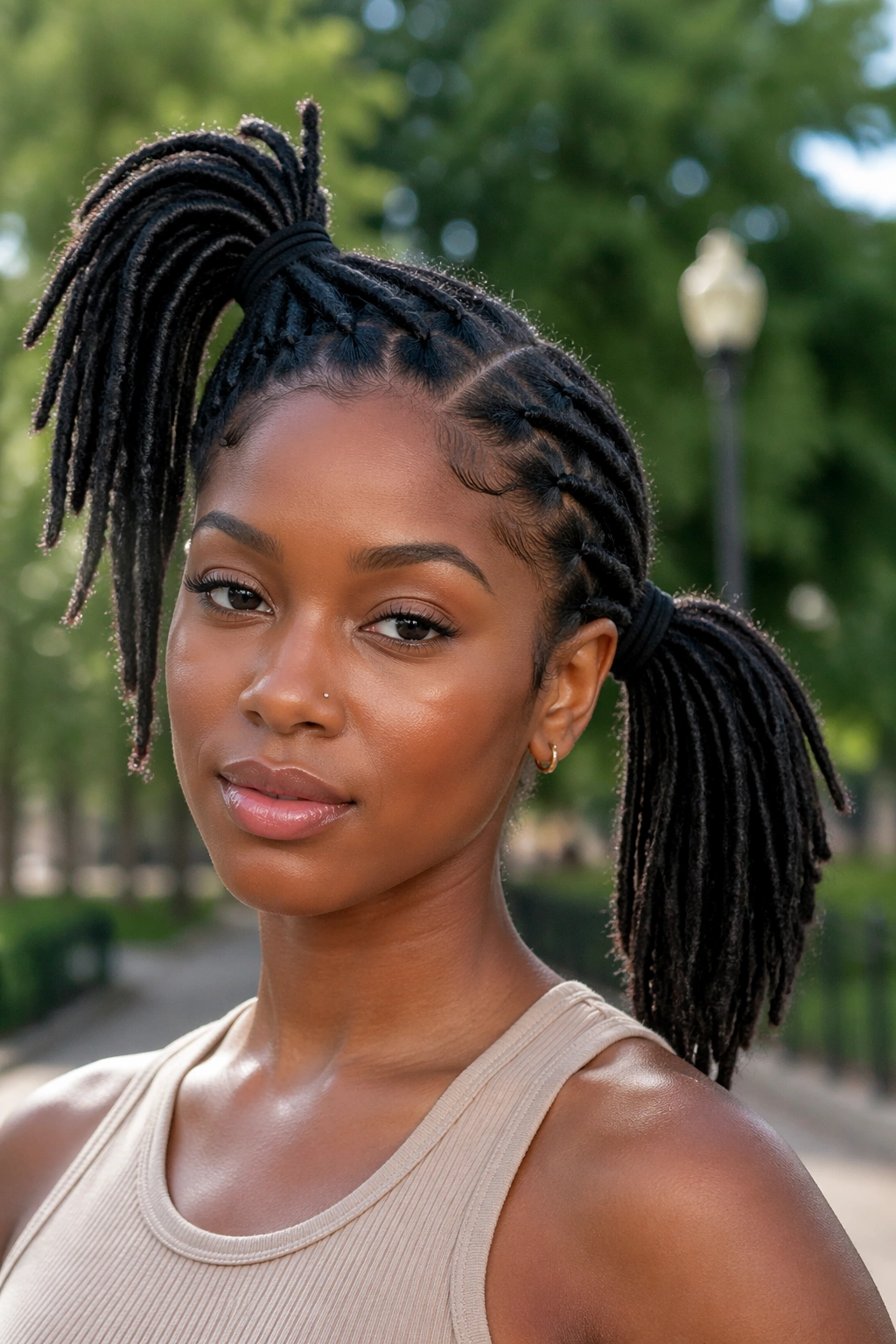 Real person with asymmetrical double ponytails in an outdoor park