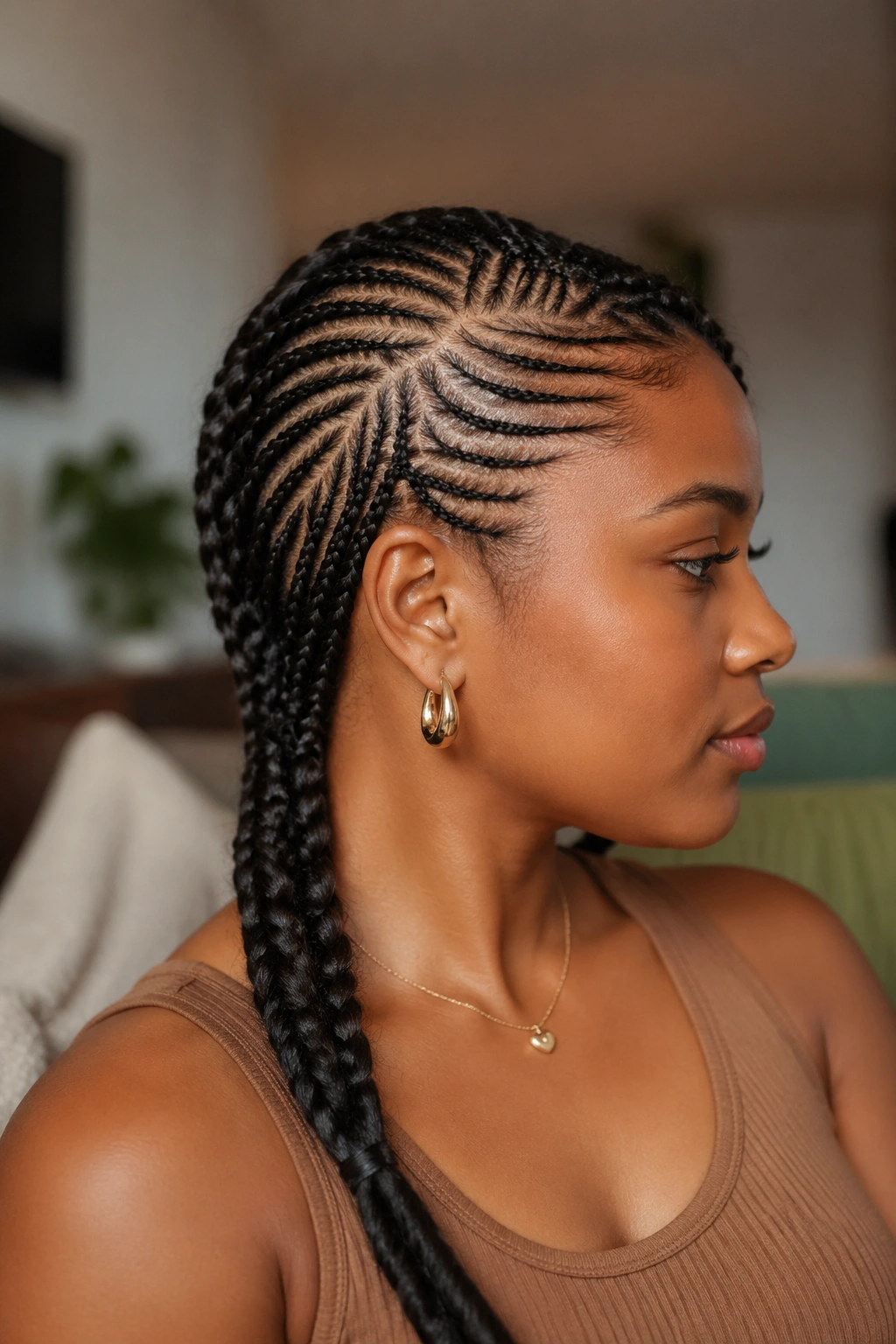 Asymmetrical side-swept fishbone cornrow on real head in profile