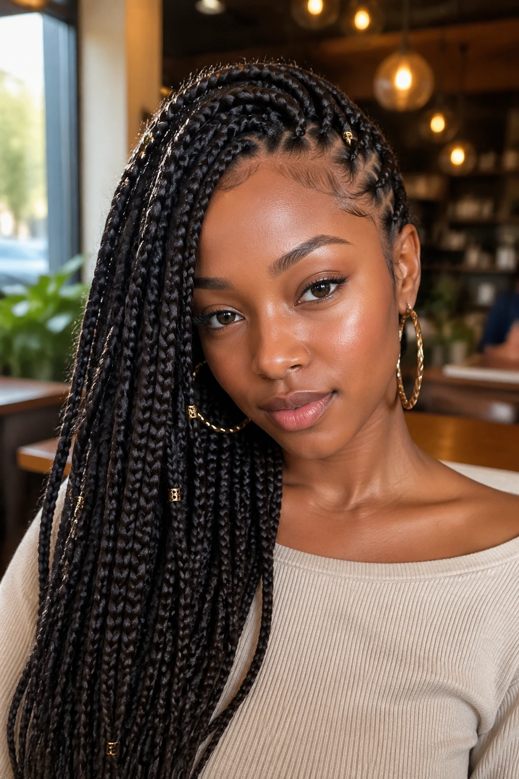 Close-up of real woman with asymmetrical Fulani box braids