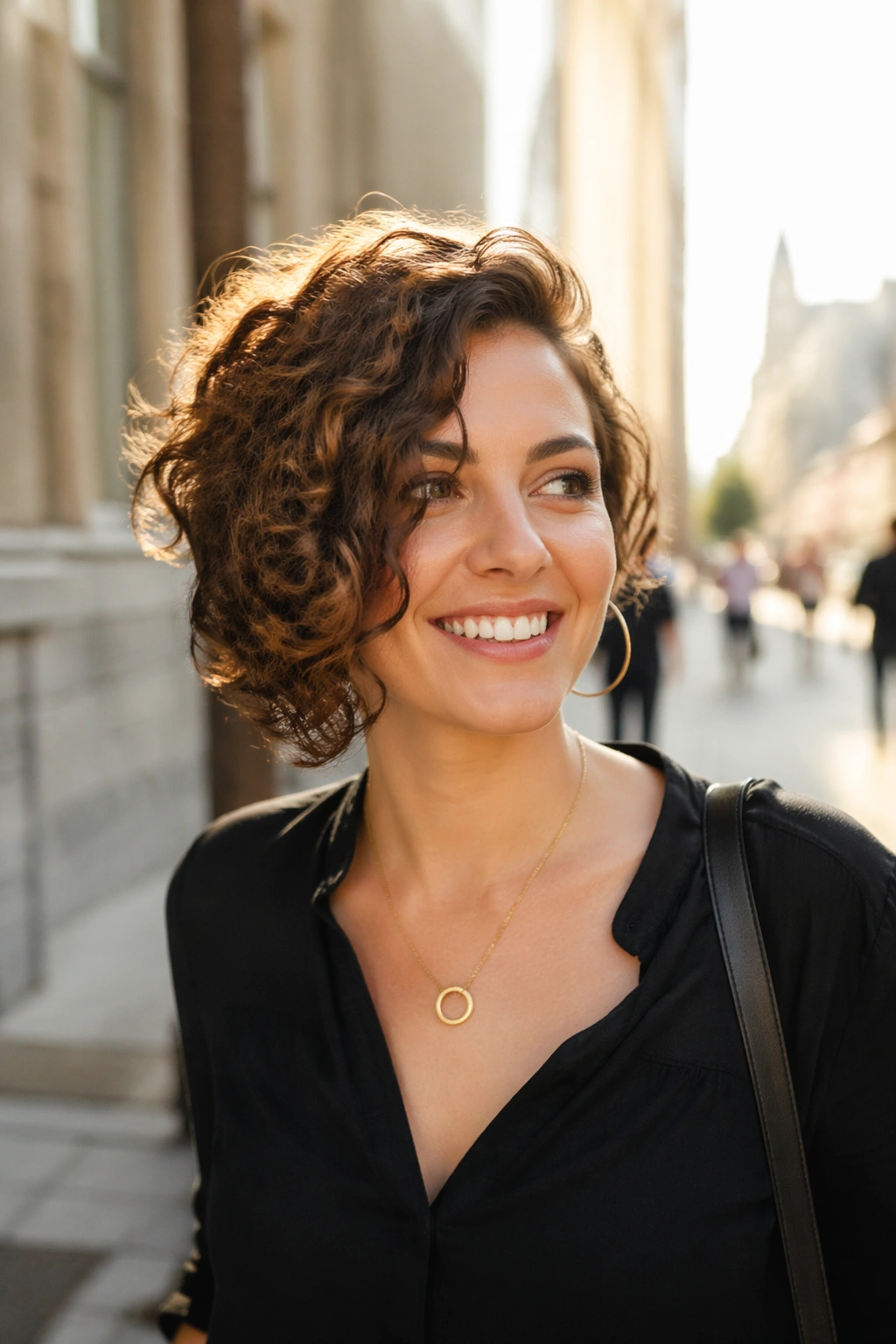 Asymmetrical layered bob on a sunlit street