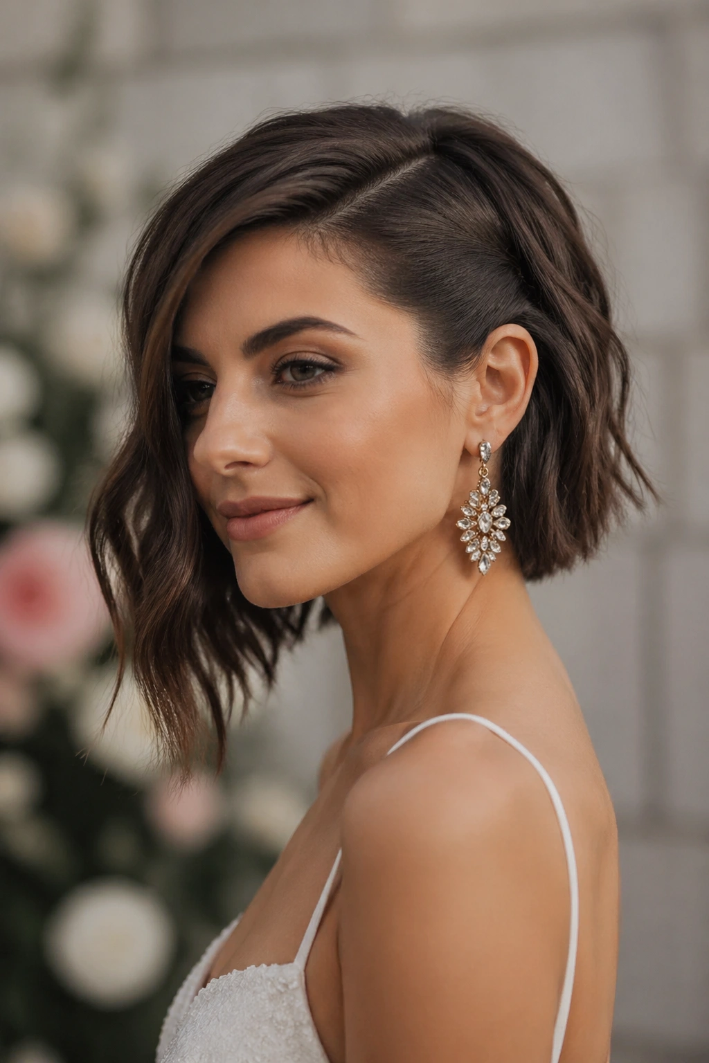 Portrait of a woman with an asymmetrical lob and bold earrings.