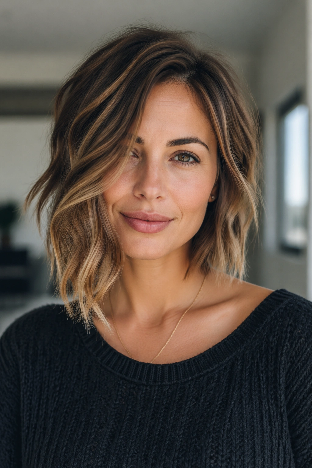 Portrait of a woman with an asymmetrical lob and soft waves, off-center part