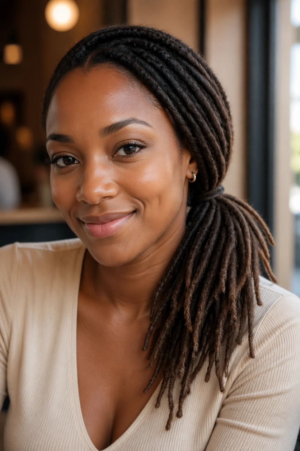 Real person with Asymmetrical Low Side Ponytail showing off-center placement