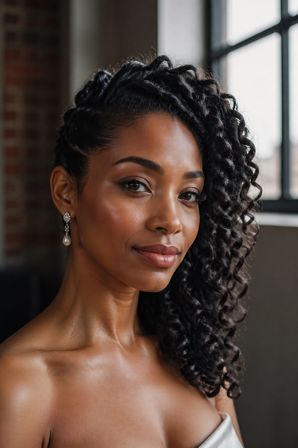 Real woman with asymmetrical pinned curls swept to one side