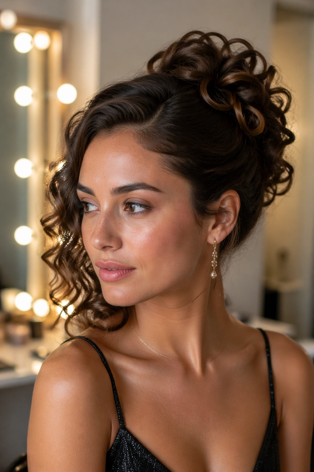 Portrait of a real woman with an asymmetrical pinned curly updo