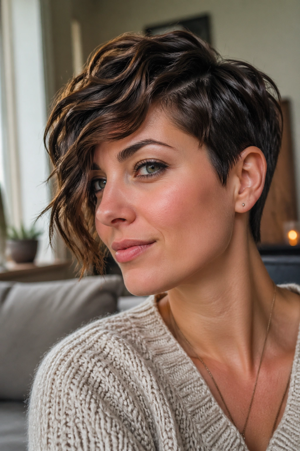 Close-up of an asymmetrical pixie on a real woman's head with directional waves