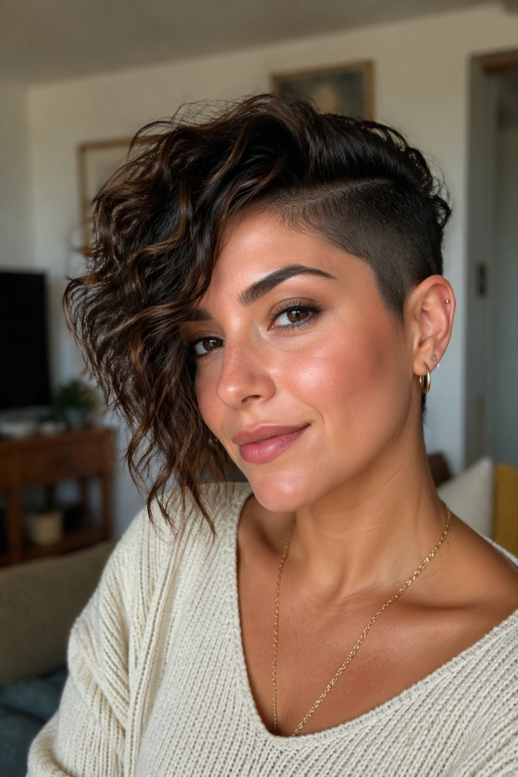 Portrait of a person with an asymmetrical pixie undercut.