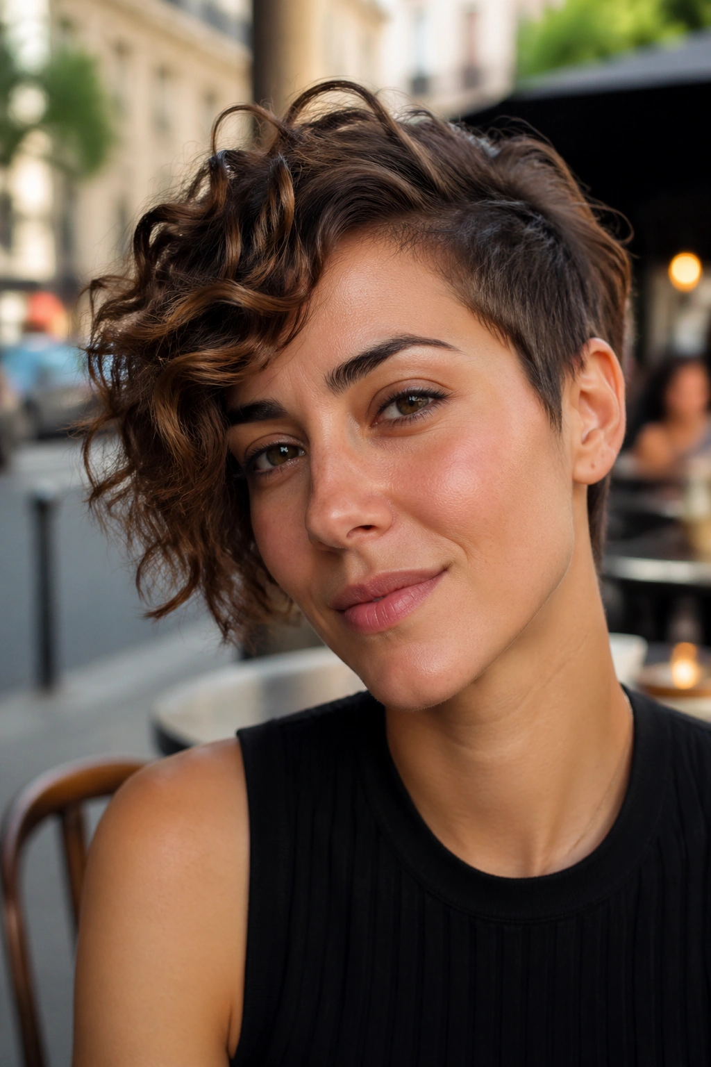 Portrait of a real woman with asymmetrical wavy pixie showing one longer side