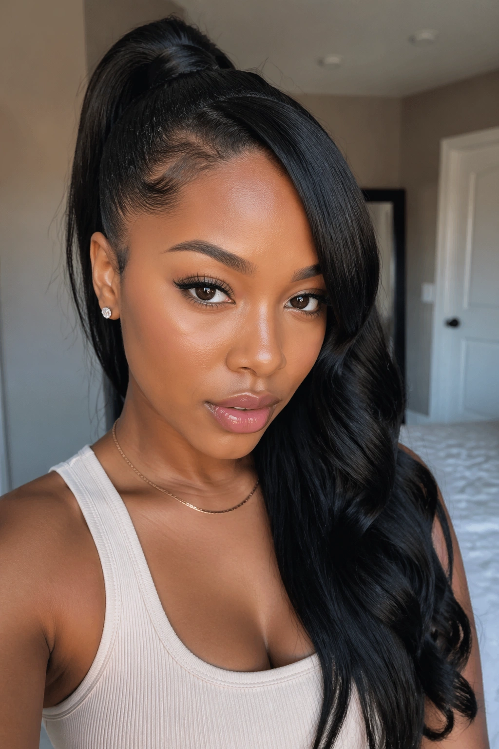 Close-up of a real woman with off-center asymmetrical ponytail