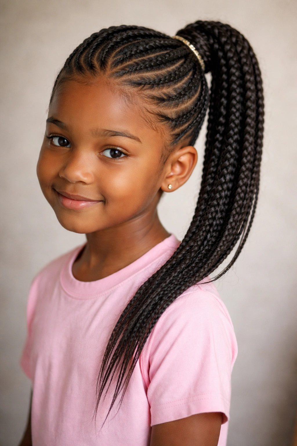 Close-up of a child's asymmetrical feed-in ponytail with off-center braid detail