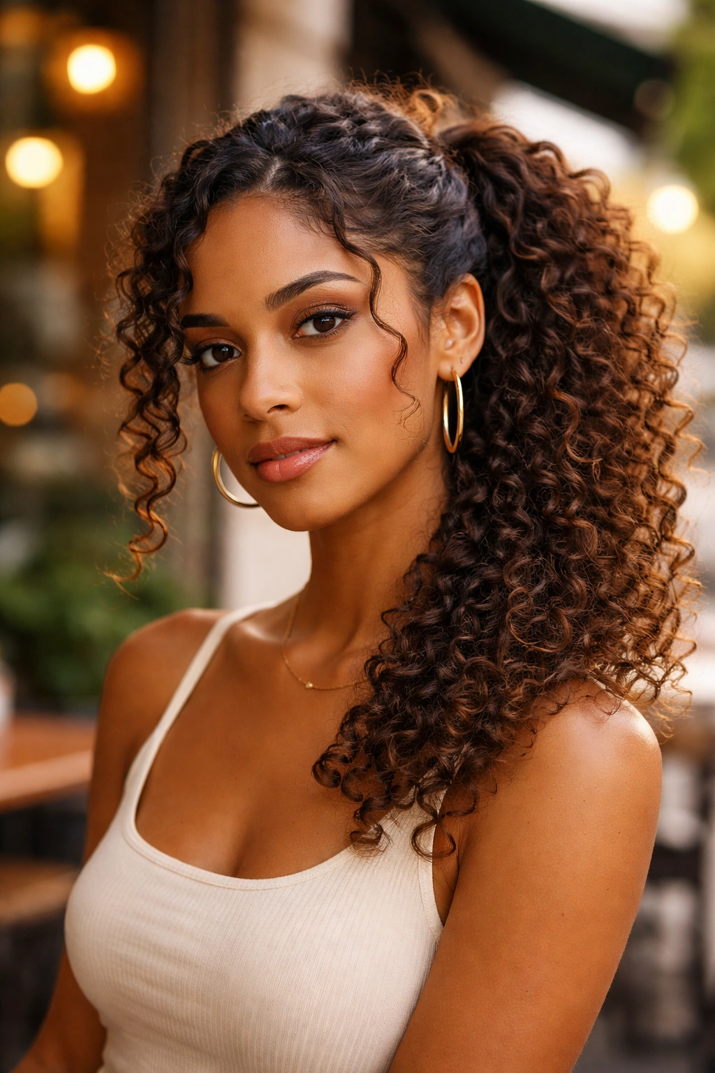 Close-up of a real woman with an asymmetrical ponytail positioned to the side