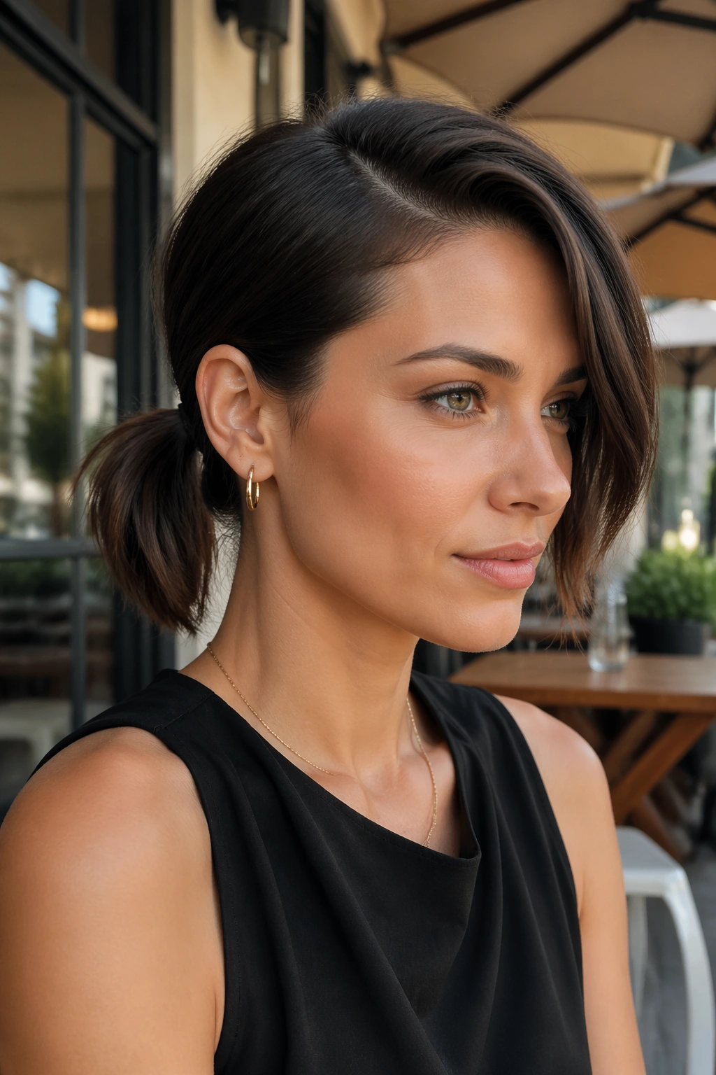Close-up of a real woman with a deep side part and asymmetrical ponytail.