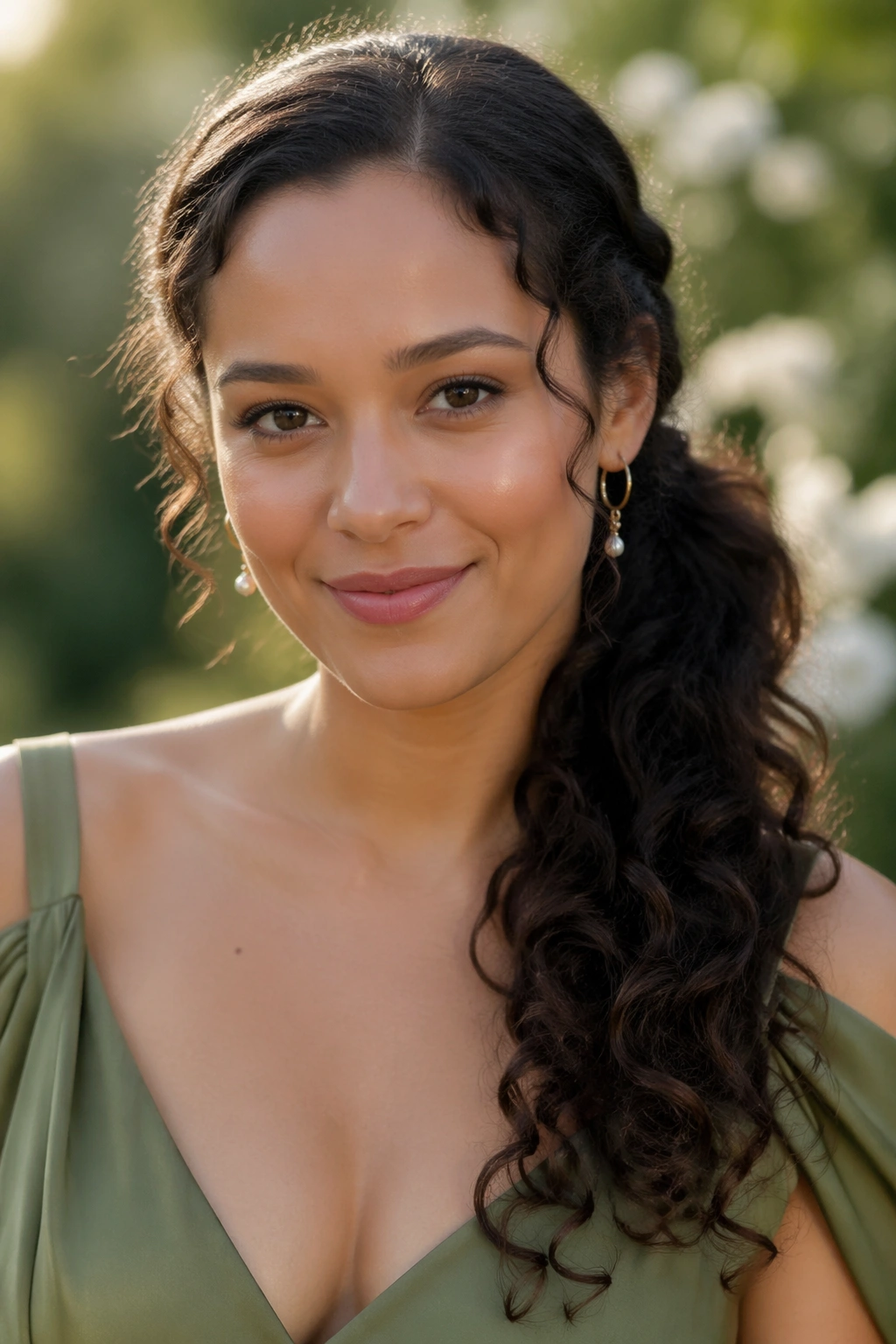 Real woman with asymmetrical ponytail draped over shoulder in garden setting