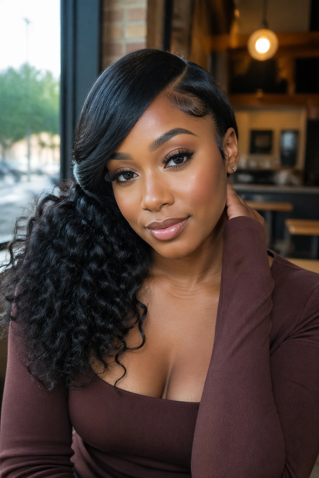 Real woman with an off-center asymmetrical ponytail and diagonal part.