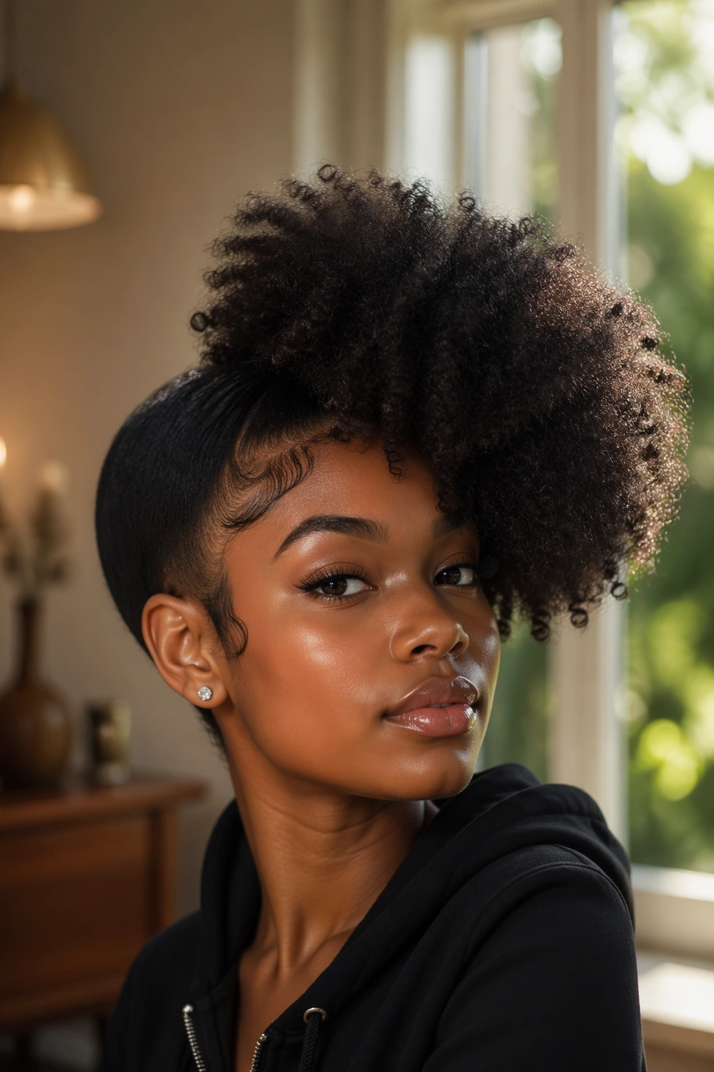 Close-up portrait showing off an off-center asymmetrical puff on a real person