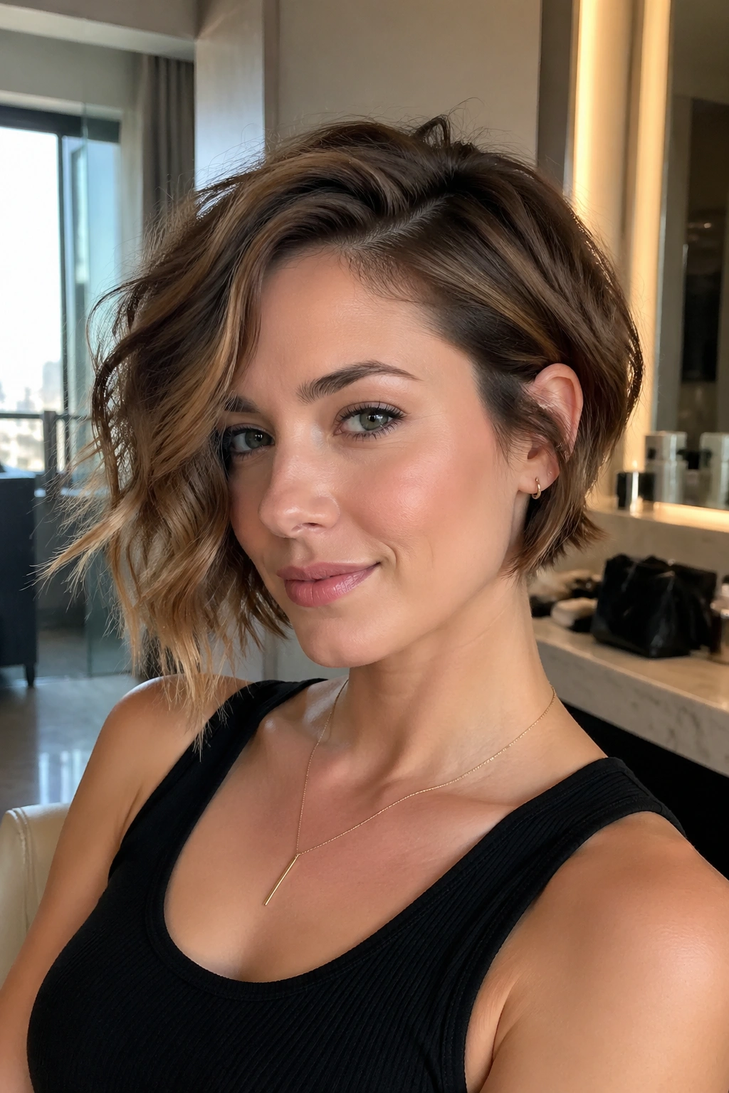 Close-up portrait of a real woman with an asymmetrical short bob