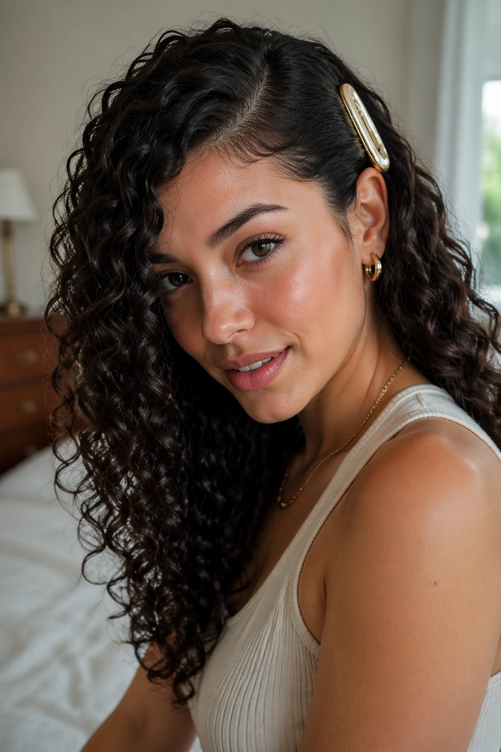 Close-up of a real woman with an asymmetrical side part secured by an oversized clip