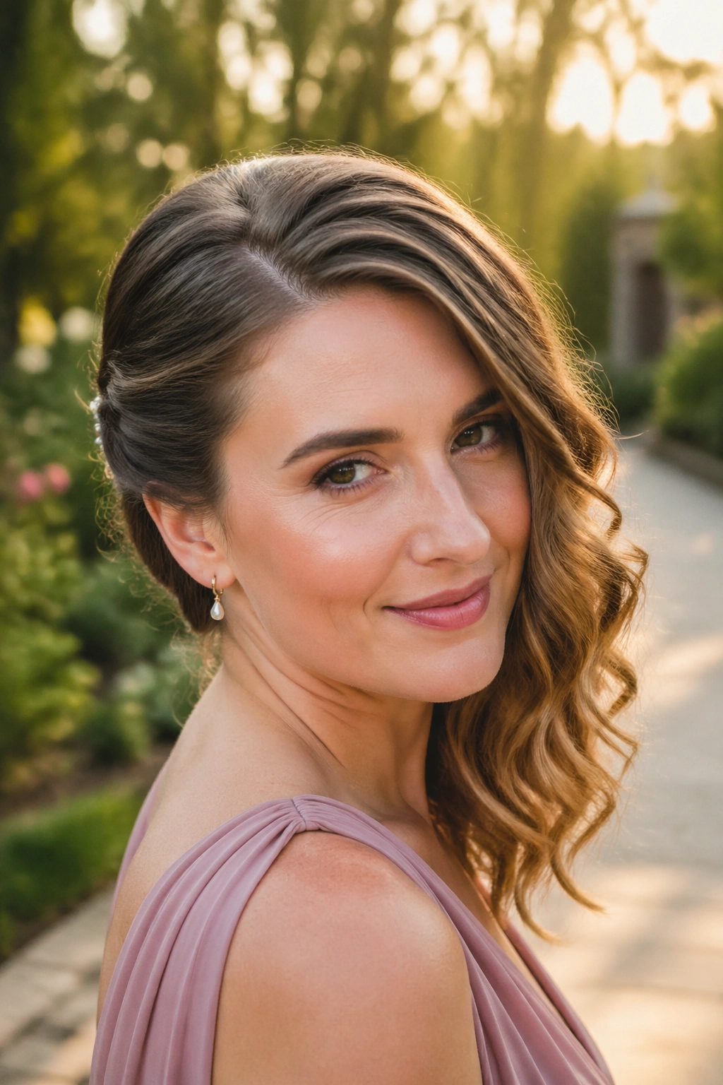 Real woman with asymmetrical side swept hairstyle pinned behind the ear in golden hour light