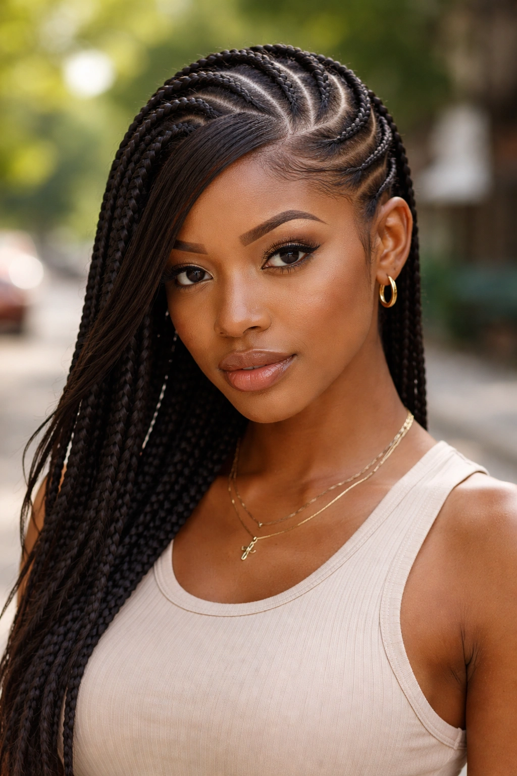 Close-up of a real person with six cornrows featuring an asymmetrical side swoop
